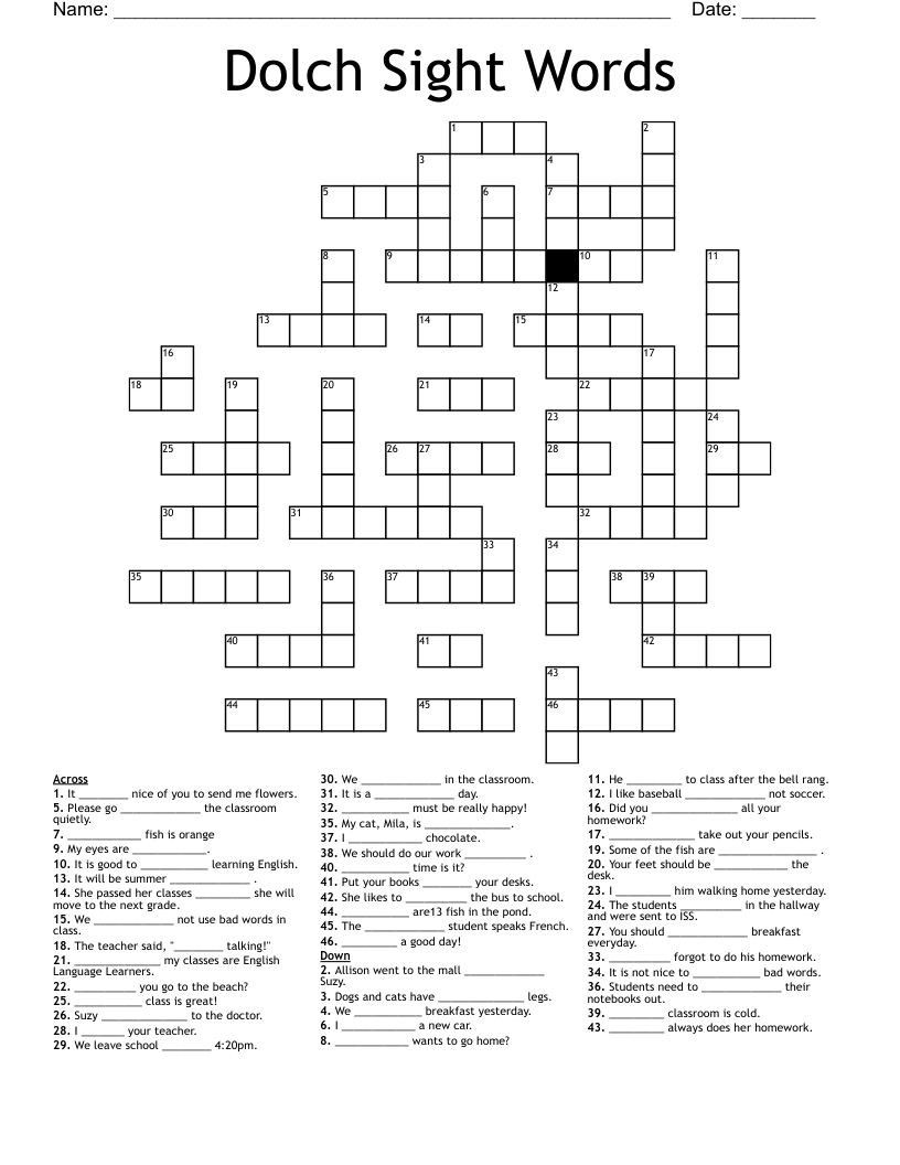 Dolch Sight Words Crossword