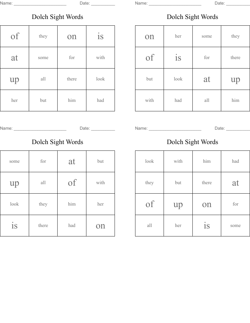 Dolch Sight Words Bingo Cards