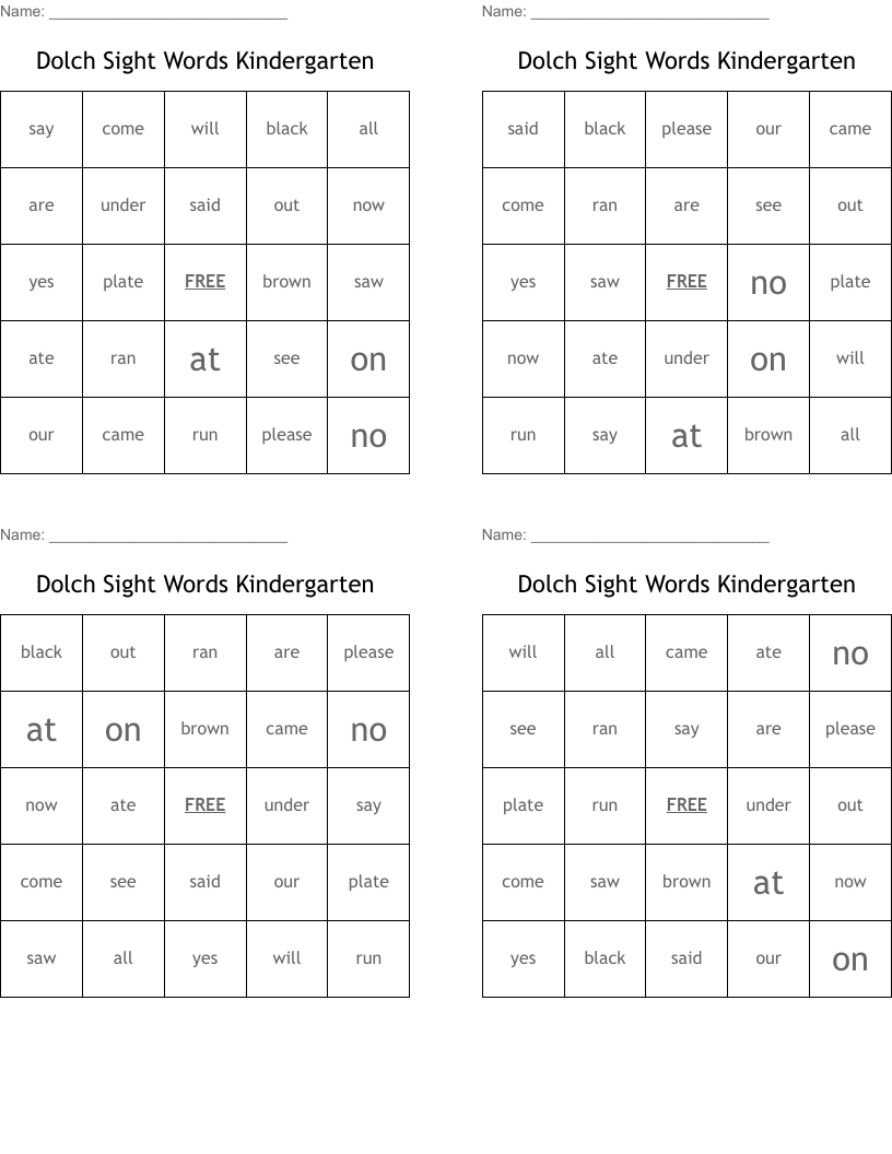 Dolch Sight Words Kindergarten Bingo Cards