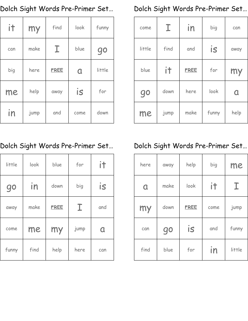 Dolch Sight Words Pre-Primer Set A Bingo Cards