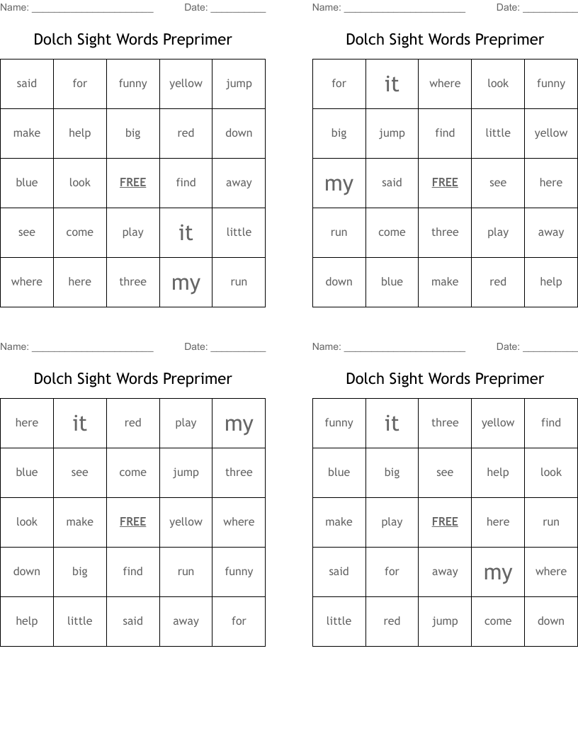 Dolch Sight Words Preprimer Bingo Cards