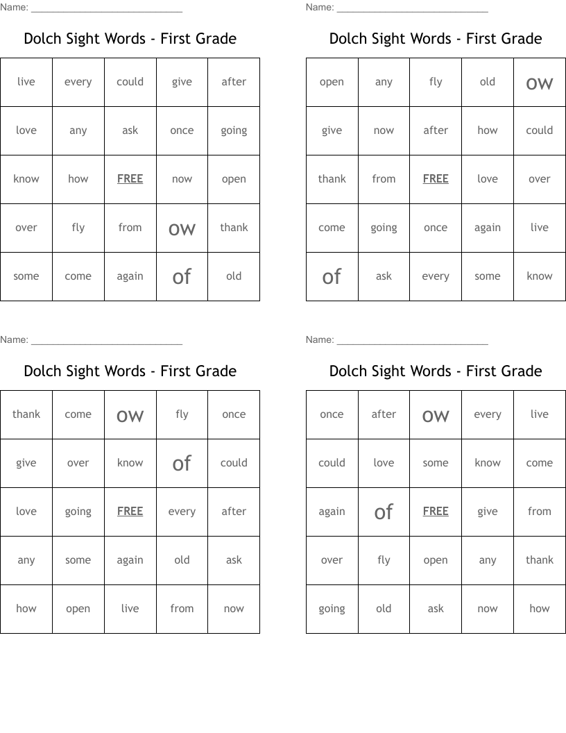 Dolch Sight Words - First Grade Bingo Cards
