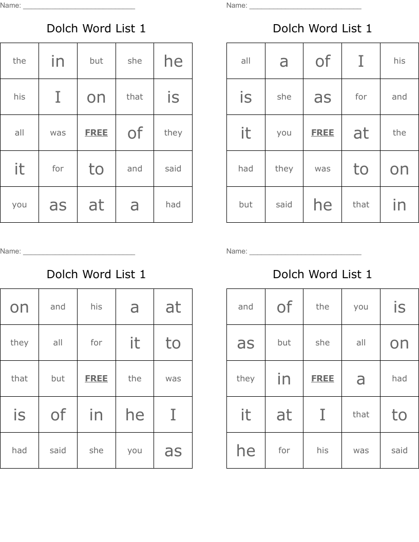 Dolch Word List 1 Bingo Cards