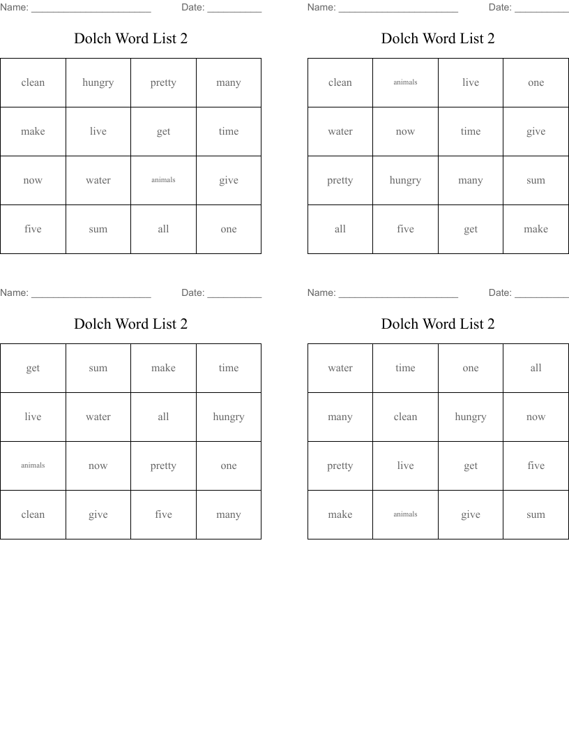 Dolch Word List 2 Bingo Cards