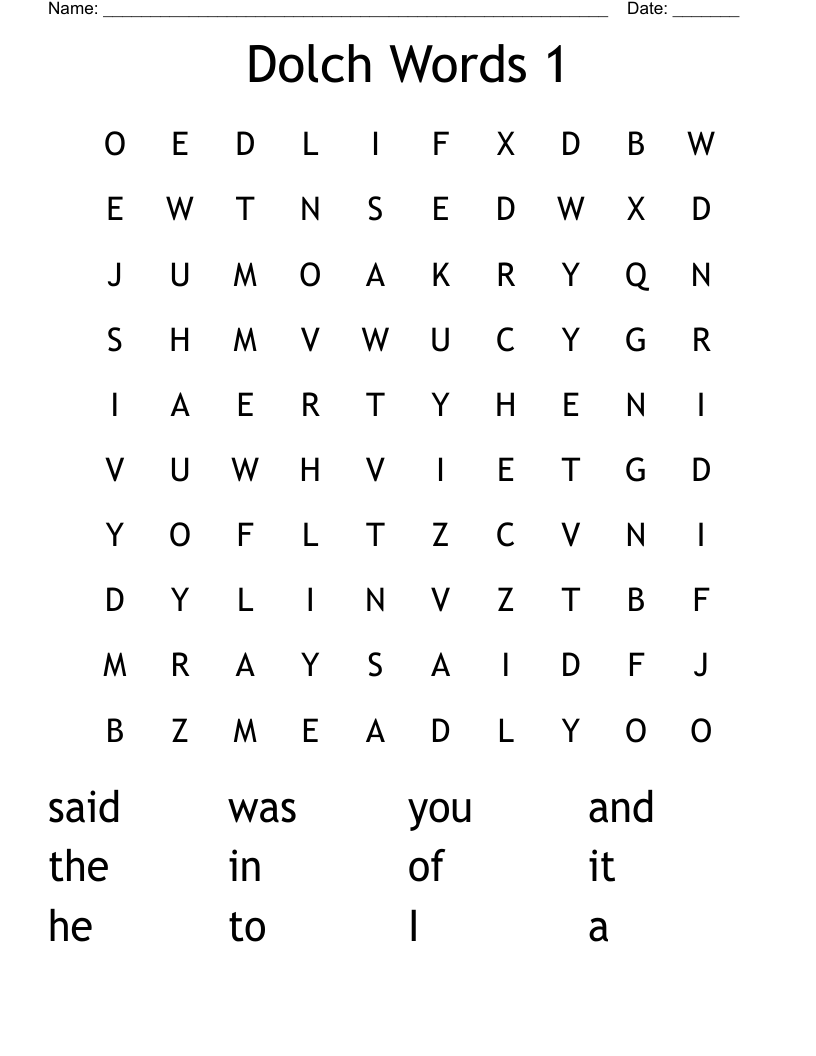 Dolch Words 1 Word Search