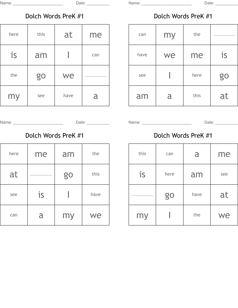 Dolch Words PreK #1 Bingo Cards