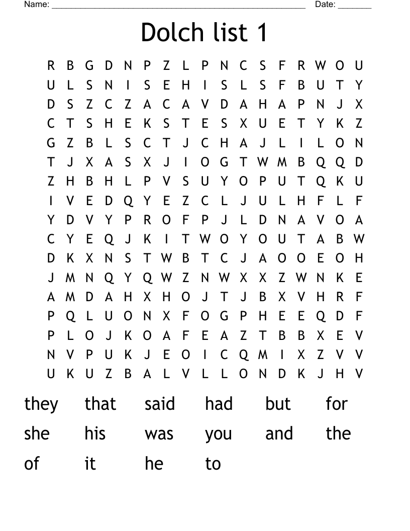 Dolch list 1 Word Search