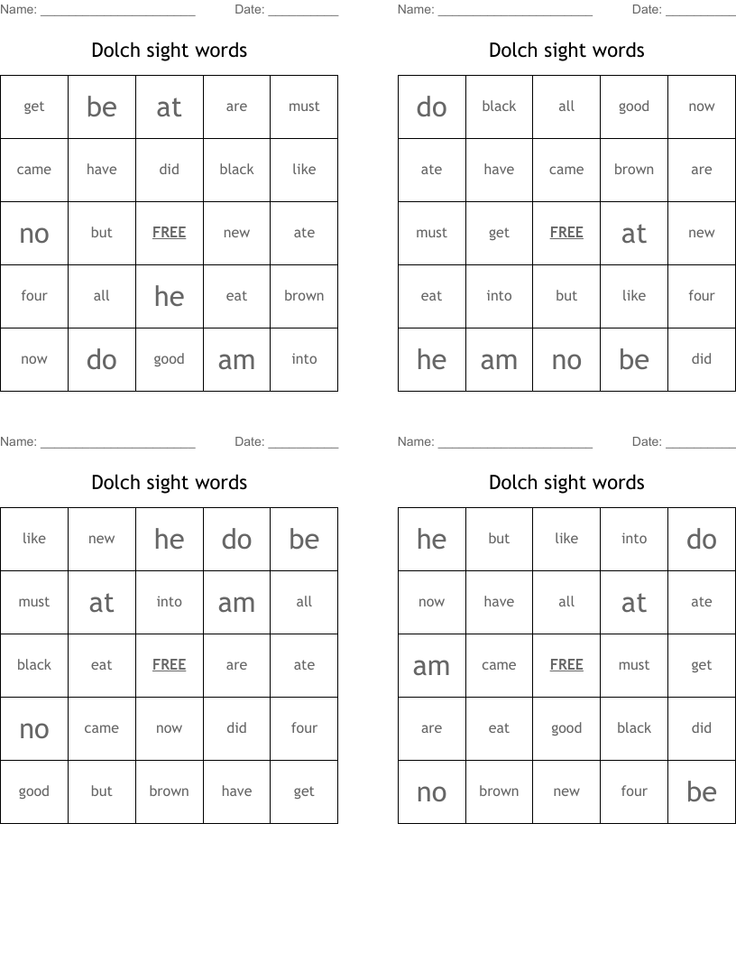 Dolch sight words Bingo Cards