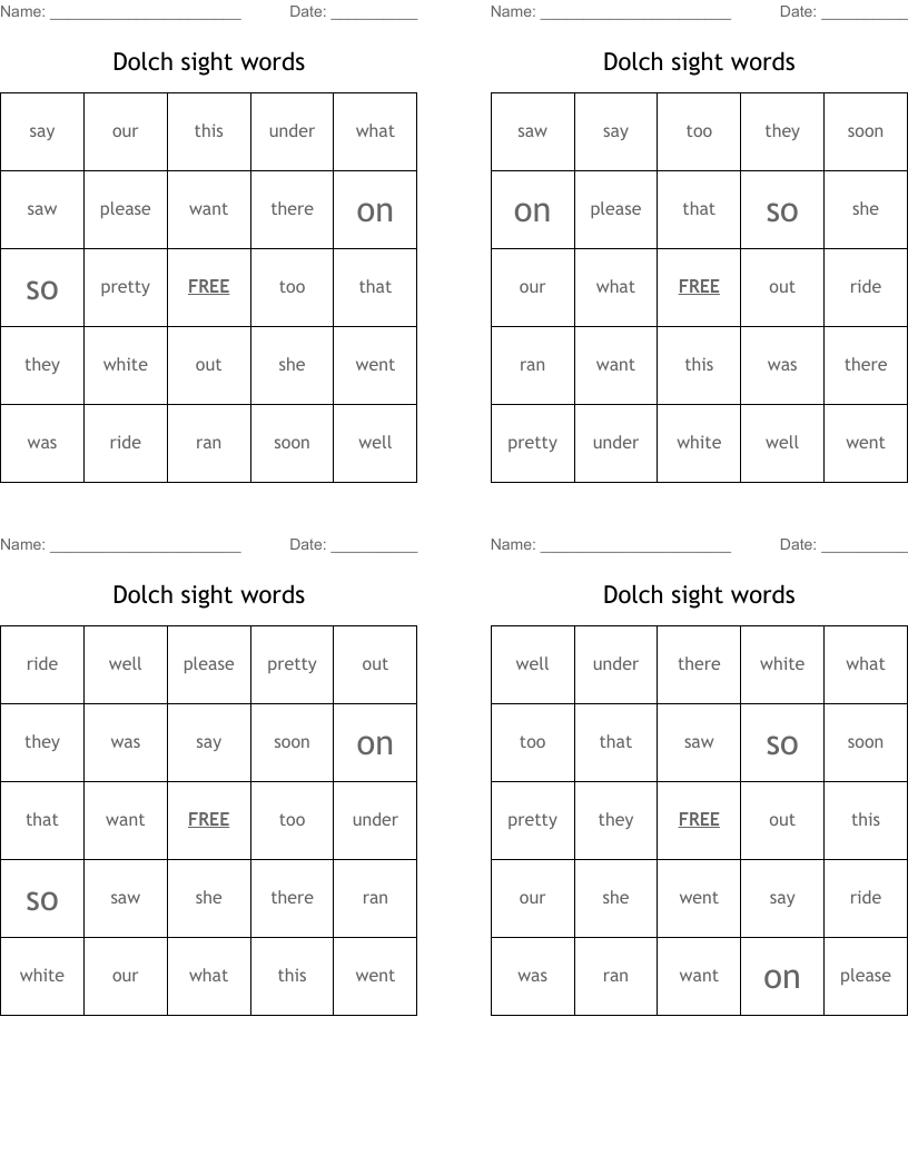 Dolch sight words Bingo Cards