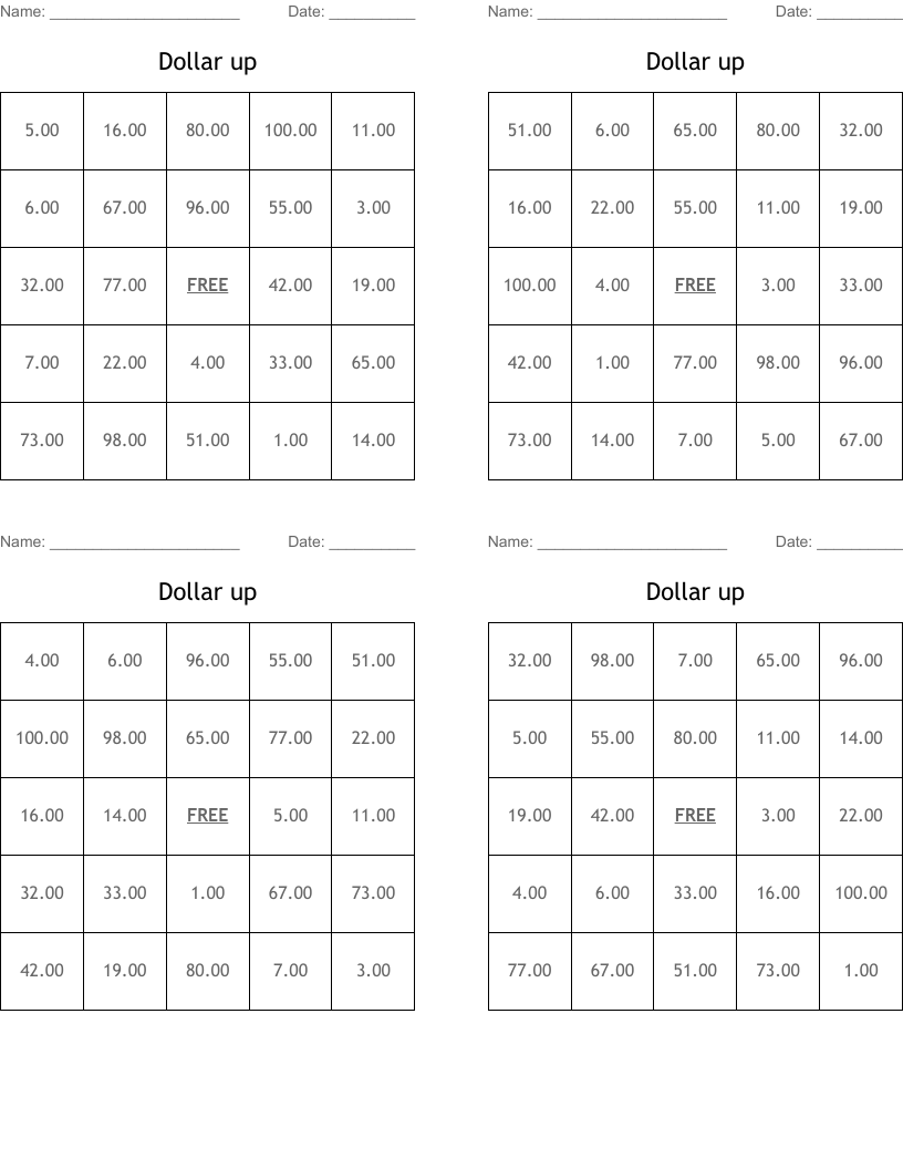 Dollar up Bingo Cards