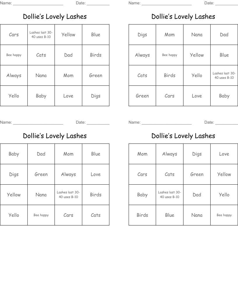 Dollie’s Lovely Lashes  Bingo Cards