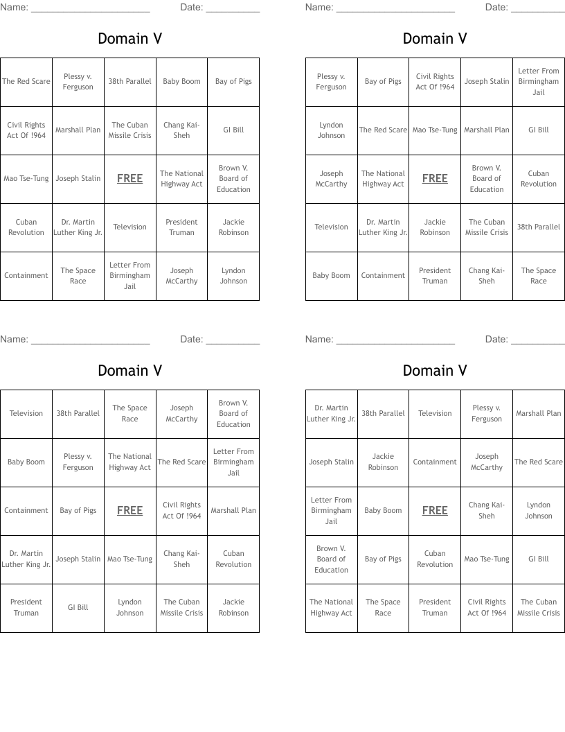 Domain V  Bingo Cards