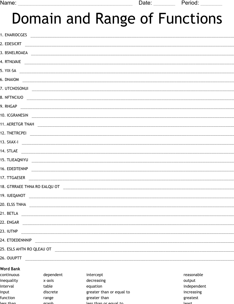 Domain and Range of Functions Word Scramble