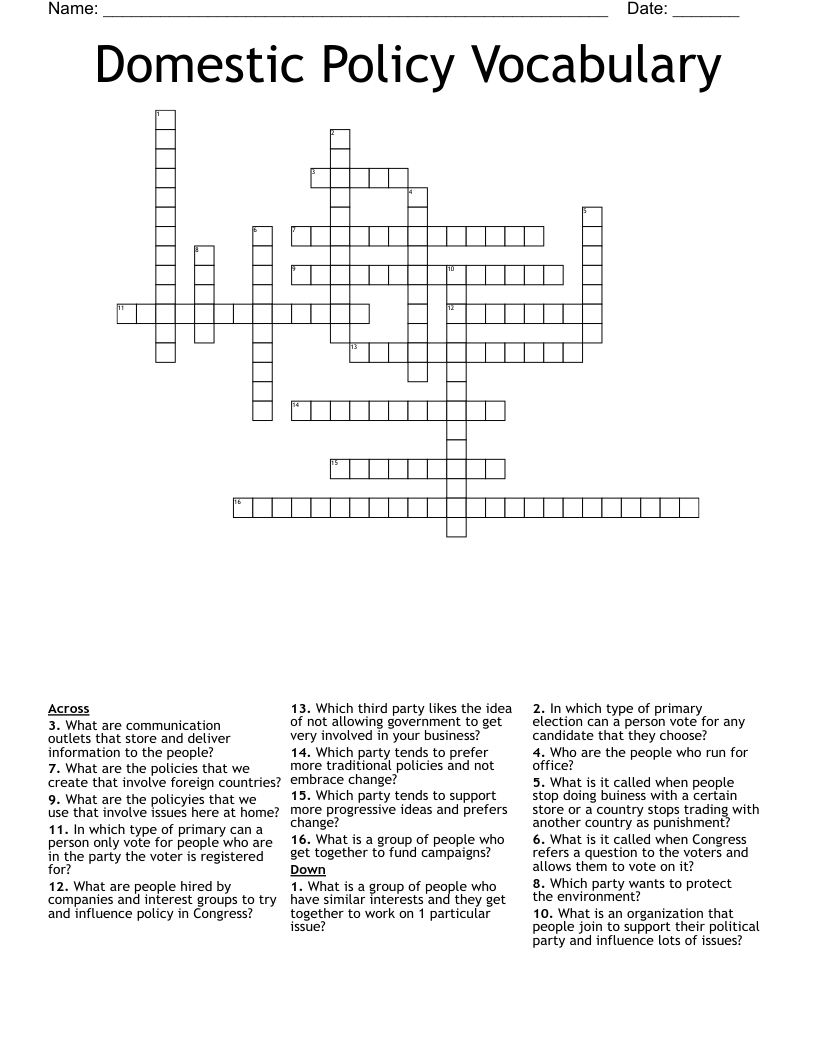 Domestic Policy Vocabulary Crossword