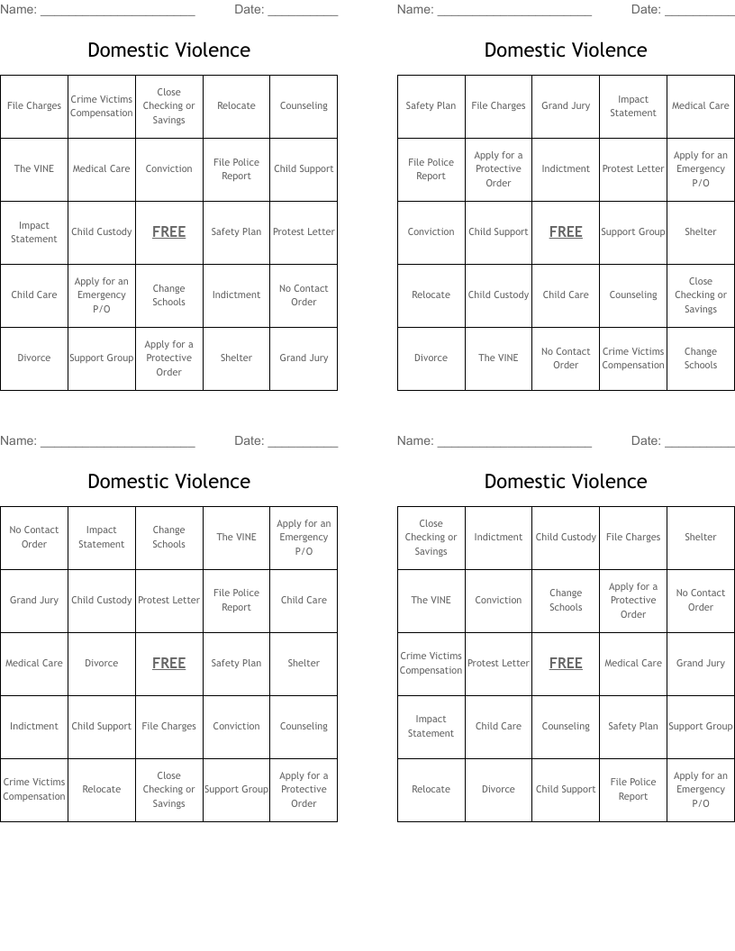 Domestic Violence Bingo Cards