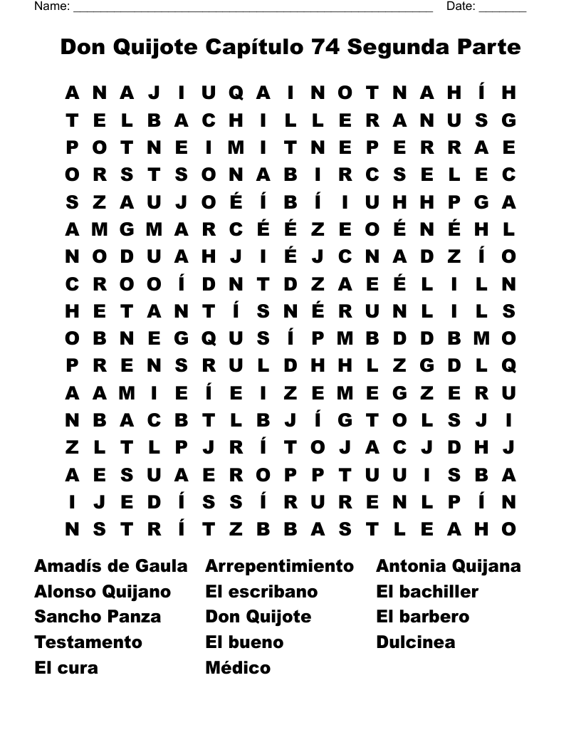 Don Quijote Capítulo 74 Segunda Parte Word Search