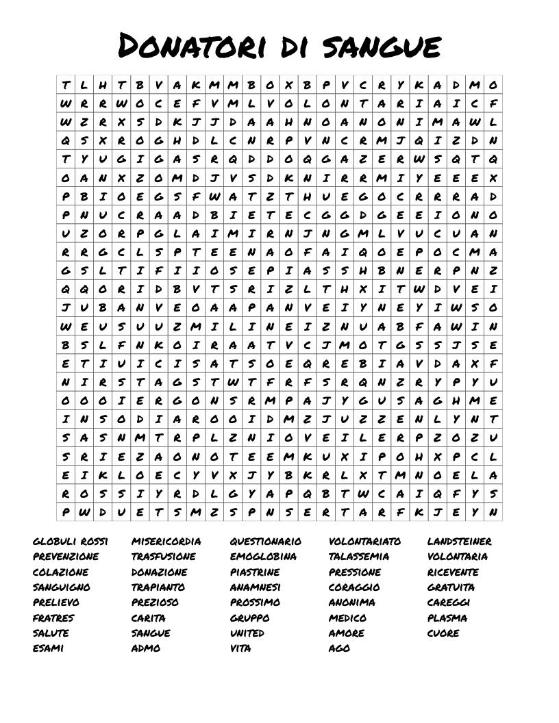 Donatori di sangue Word Search