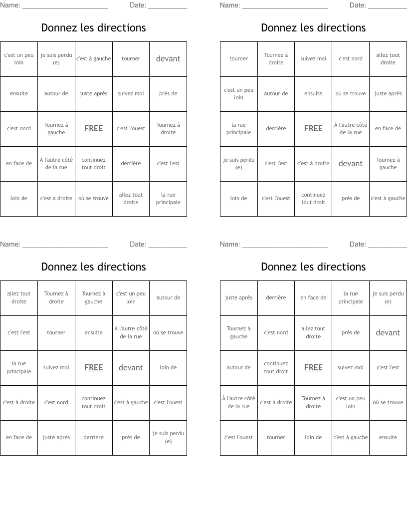 Donnez les directions Bingo Cards