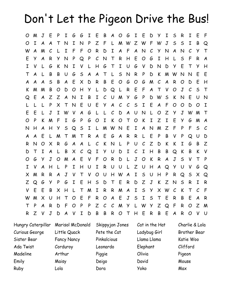 Don't Let the Pigeon Drive the Bus! Word Search