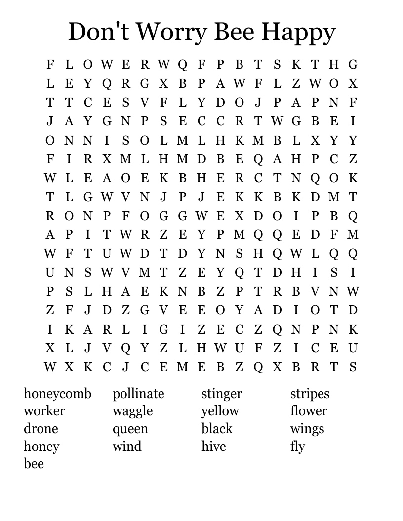 Don't Worry Bee Happy Word Search