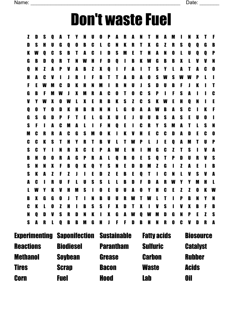 Don't waste Fuel  Word Search
