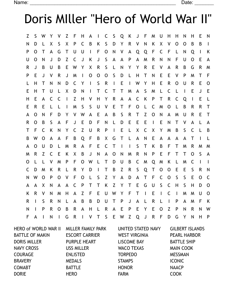 Doris MIller "Hero of World War II" Word Search