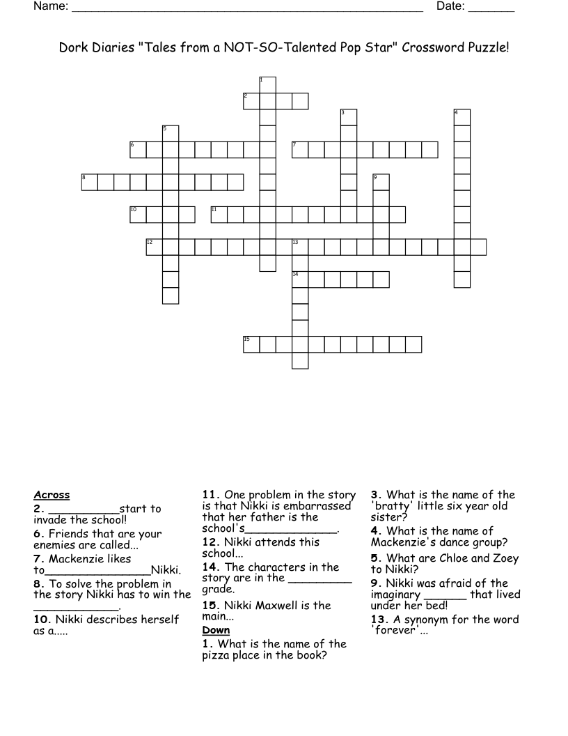 Dork Diaries "Tales from a NOT-SO-Talented Pop Star" Crossword Puzzle!