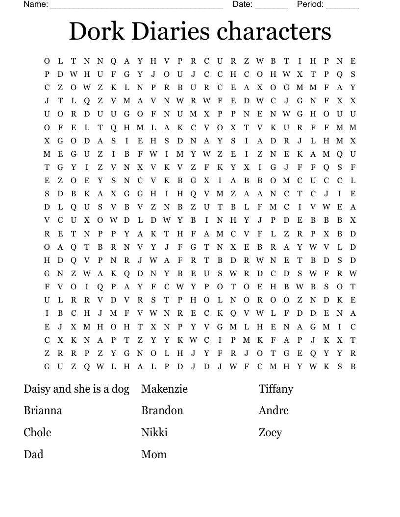 Dork Diaries characters Word Search