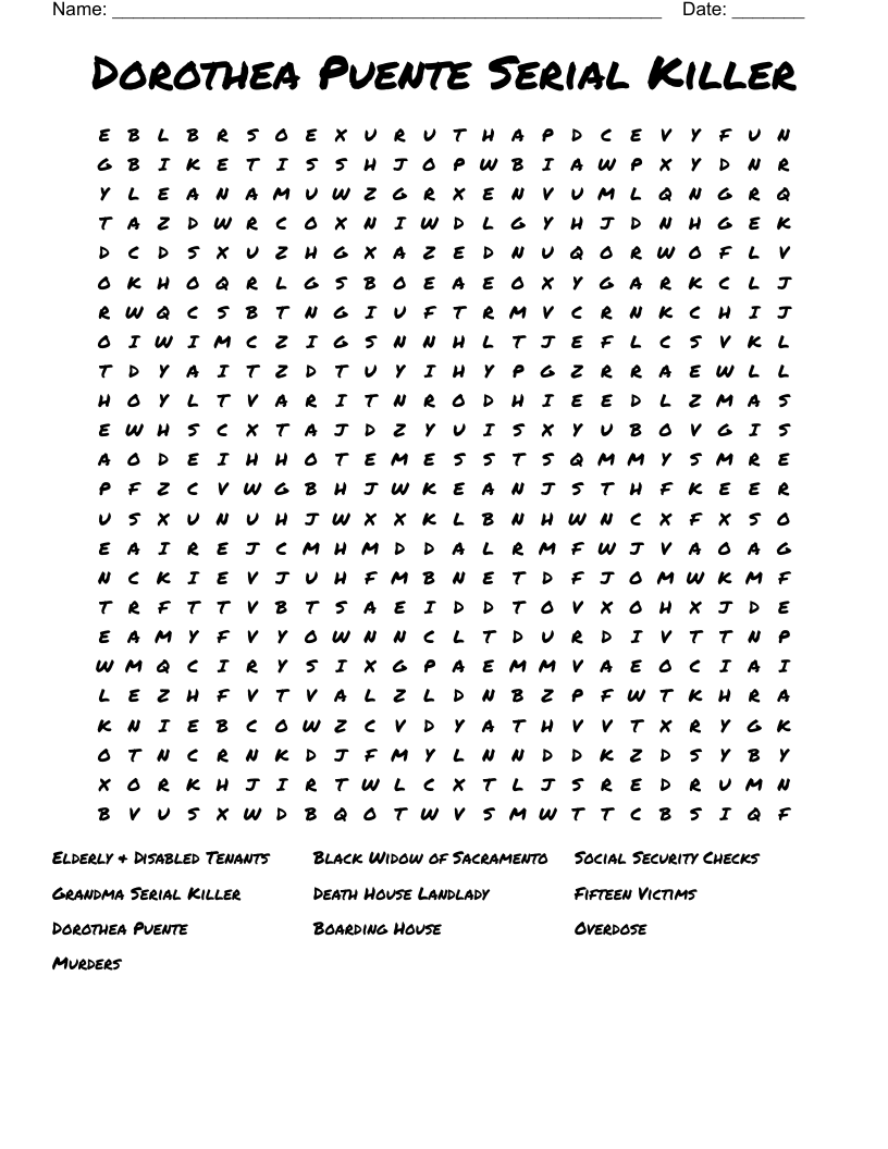 Dorothea Puente Serial Killer Word Search
