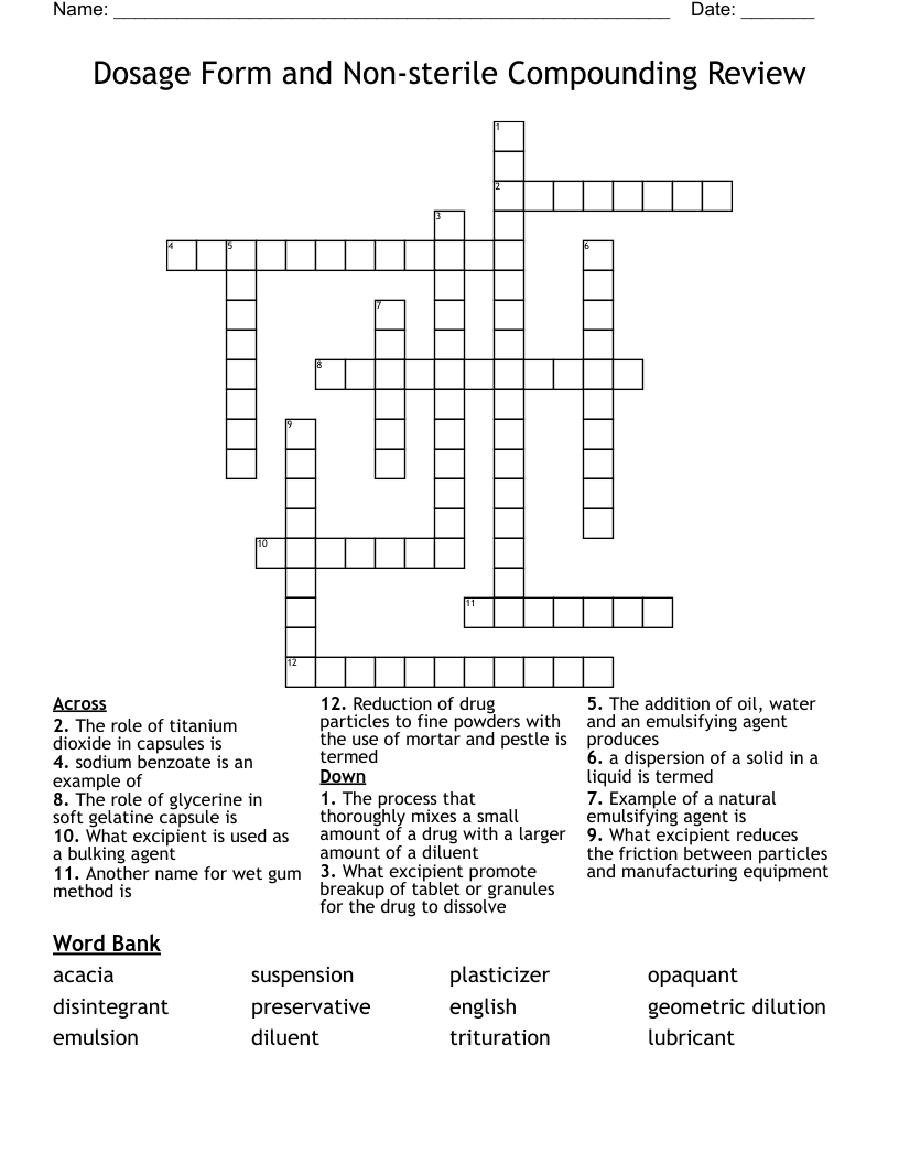 Dosage Form and Non-sterile Compounding Review Crossword
