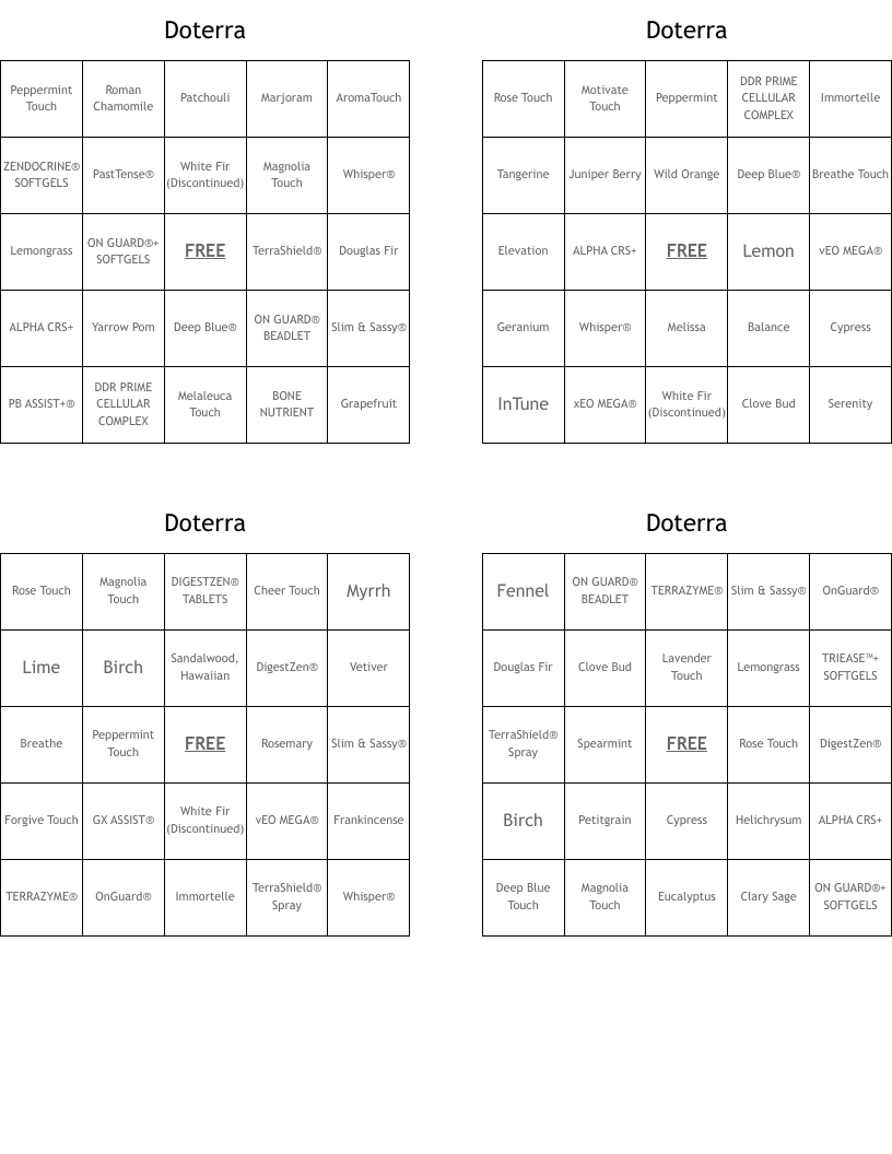 Doterra  Bingo Cards