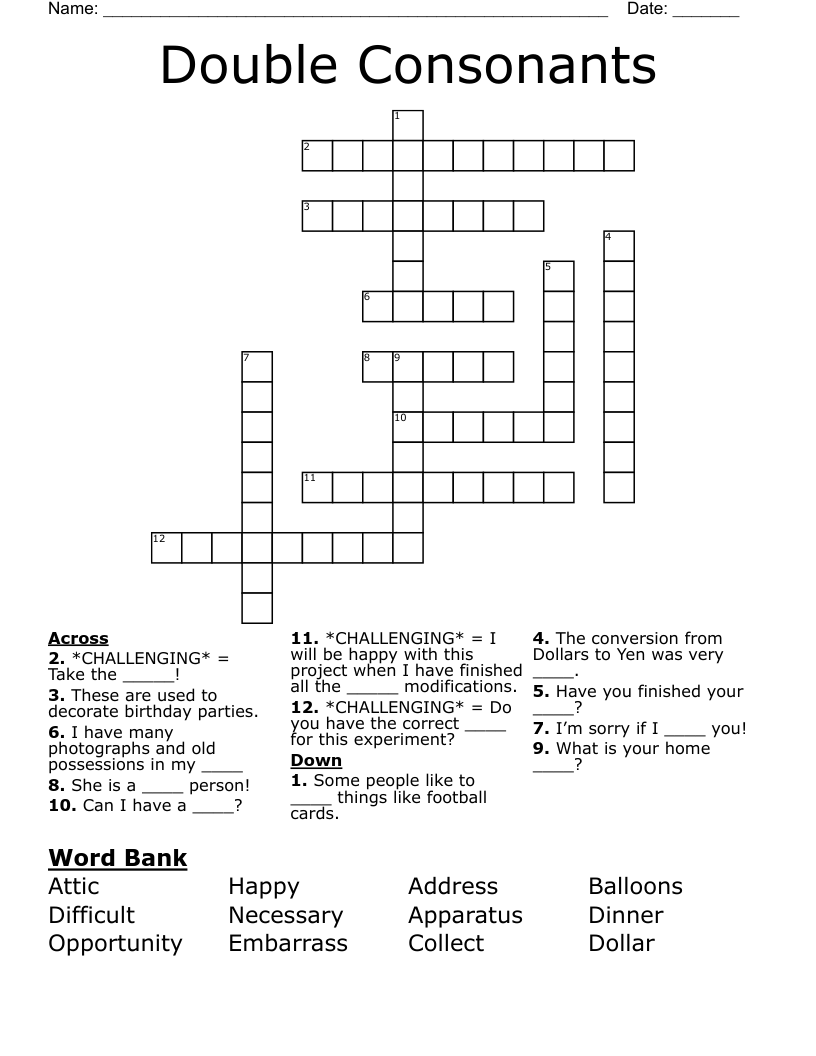 Double Consonants Crossword