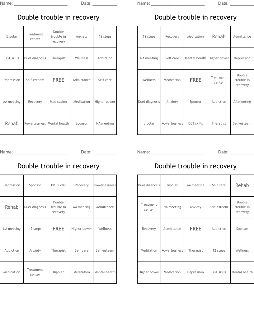 Double trouble in recovery Bingo Cards
