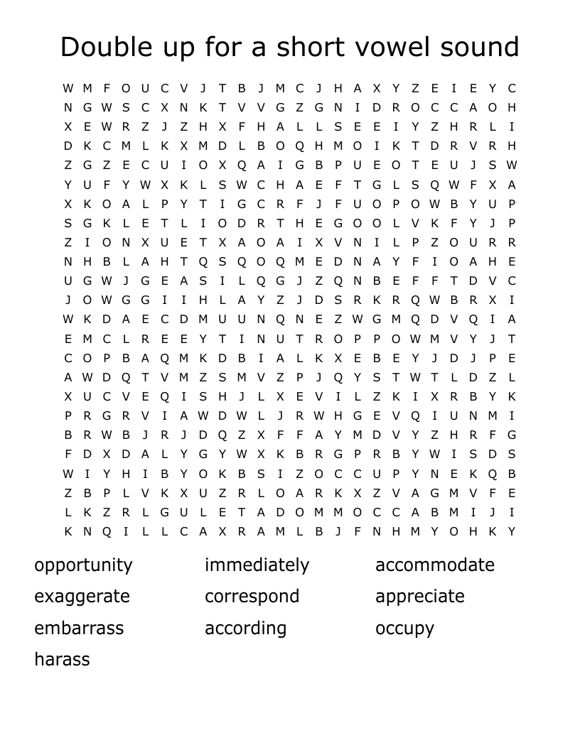 Double up for a short vowel sound Word Search