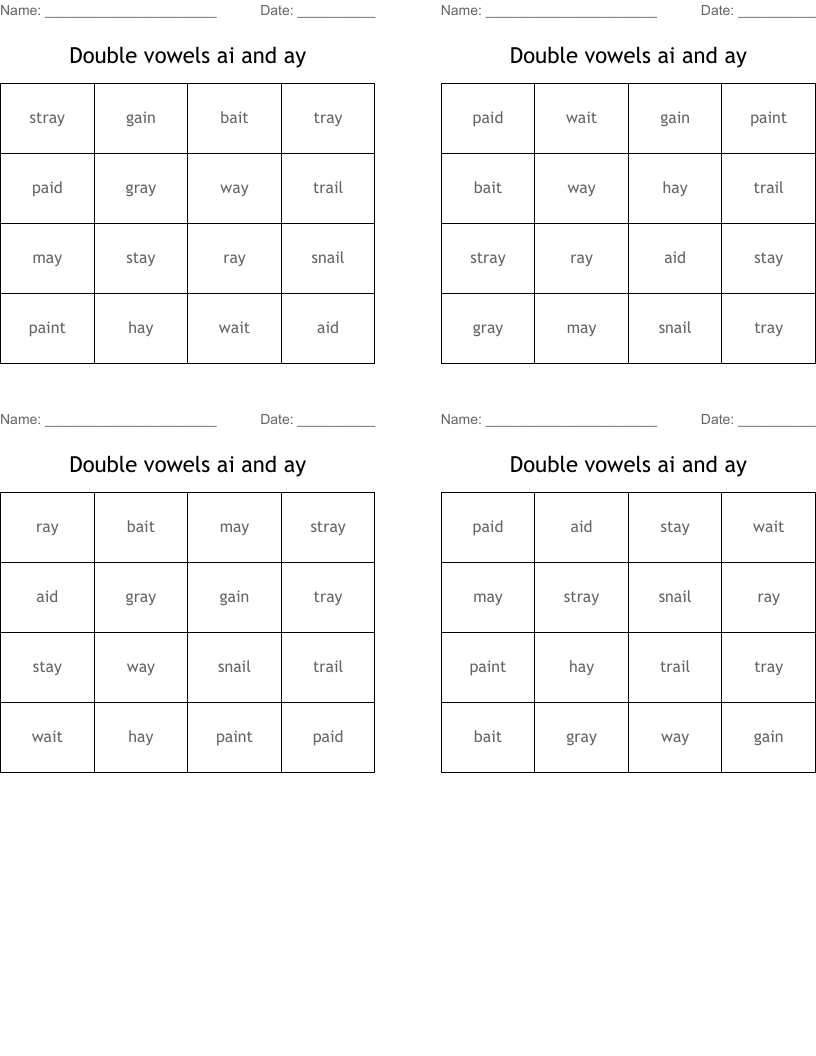 Double vowels ai and ay Bingo Cards
