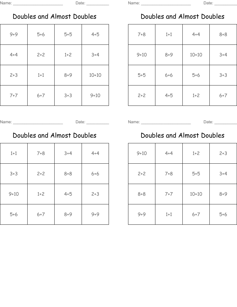 Doubles and Almost Doubles  Bingo Cards
