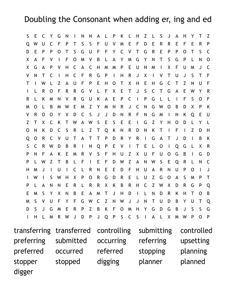 Doubling the Consonant when adding er, ing and ed Word Search