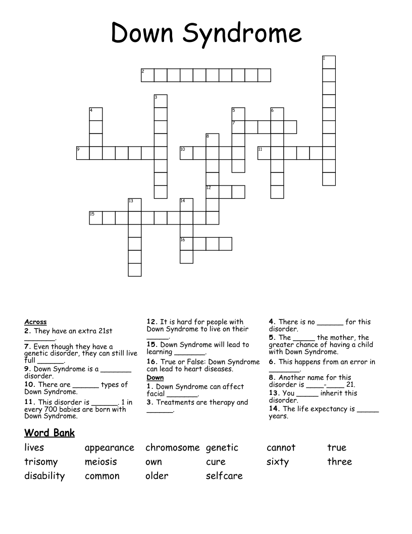 Down Syndrome Crossword