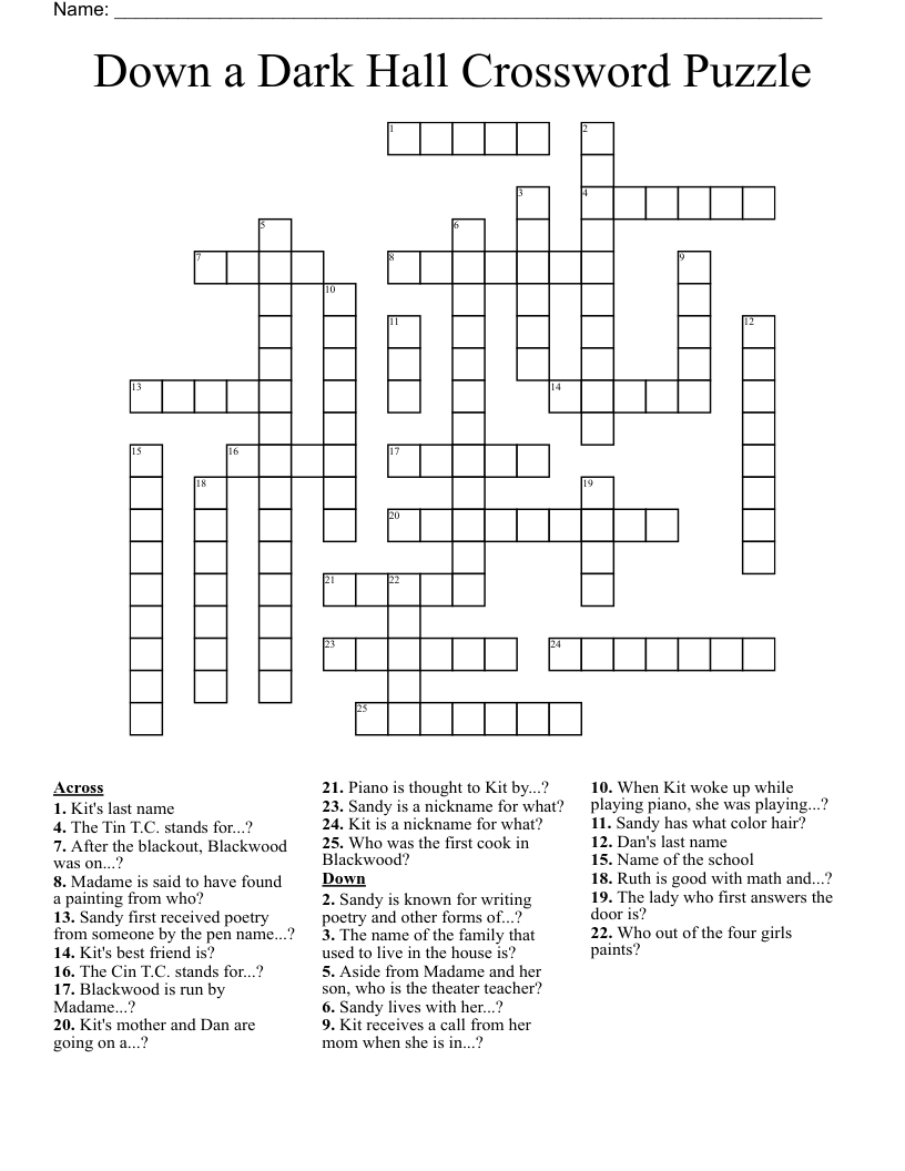 Down a Dark Hall Crossword Puzzle