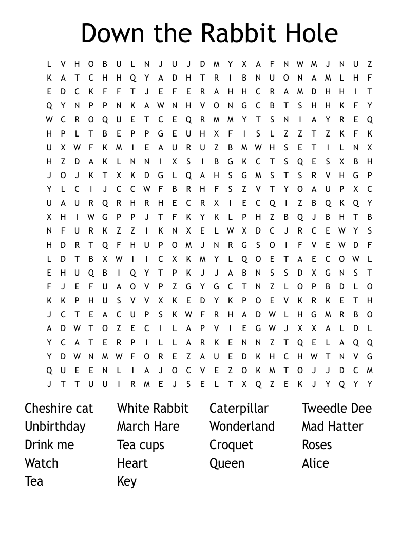 Down the Rabbit Hole Word Search