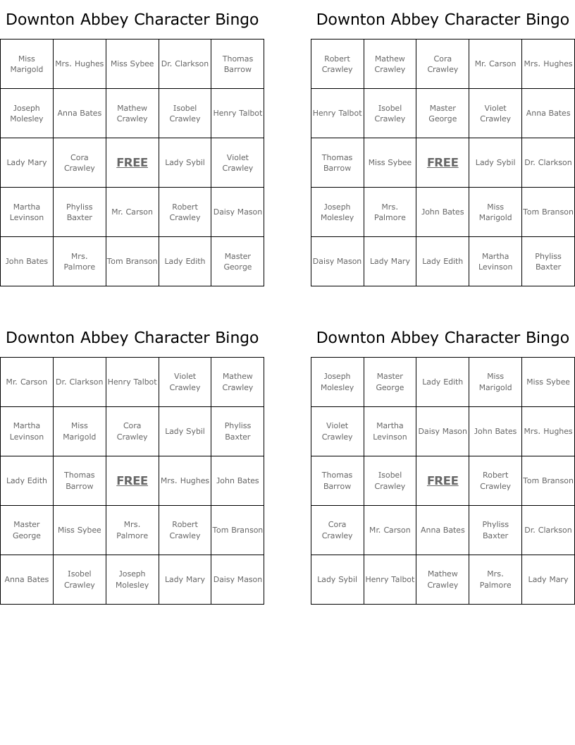 Downton Abbey Character Bingo