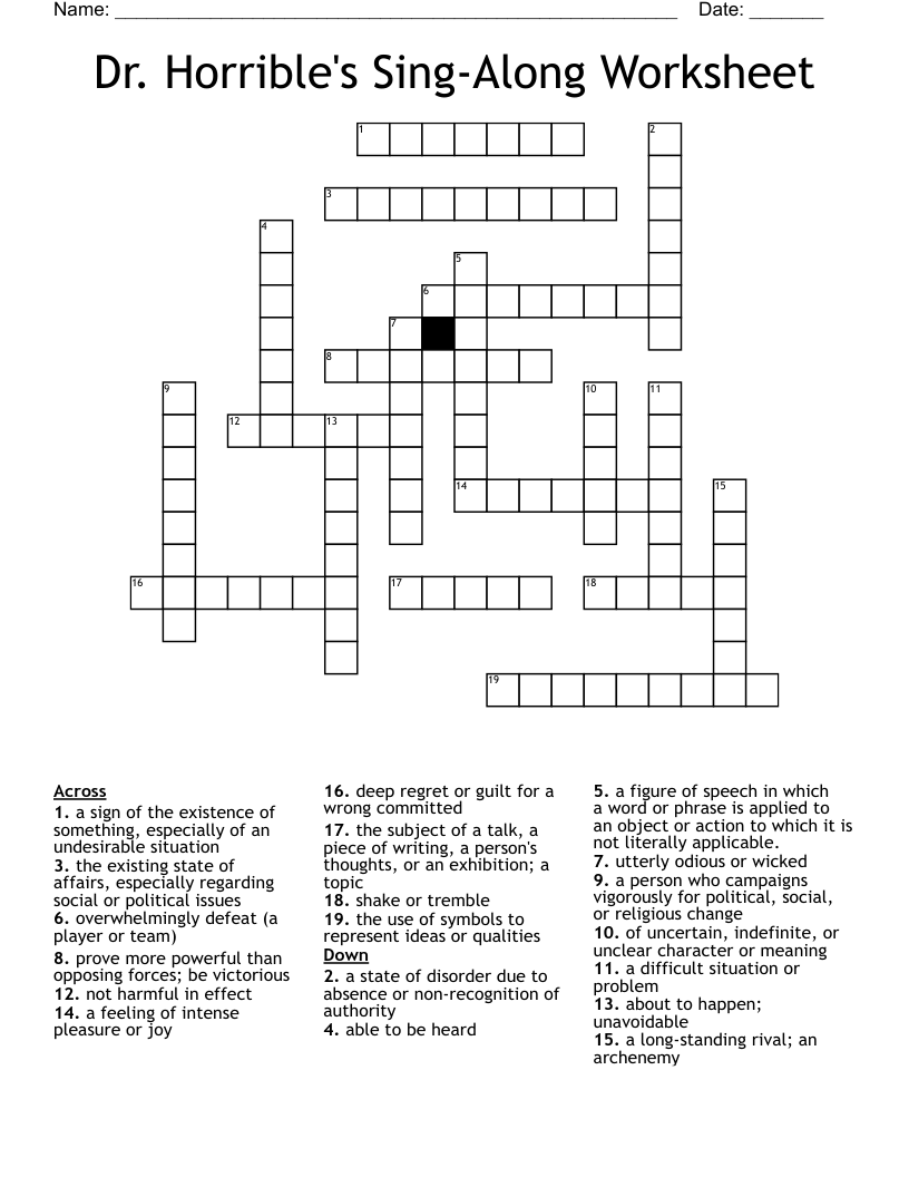 Dr. Horrible's Sing-Along Worksheet Crossword