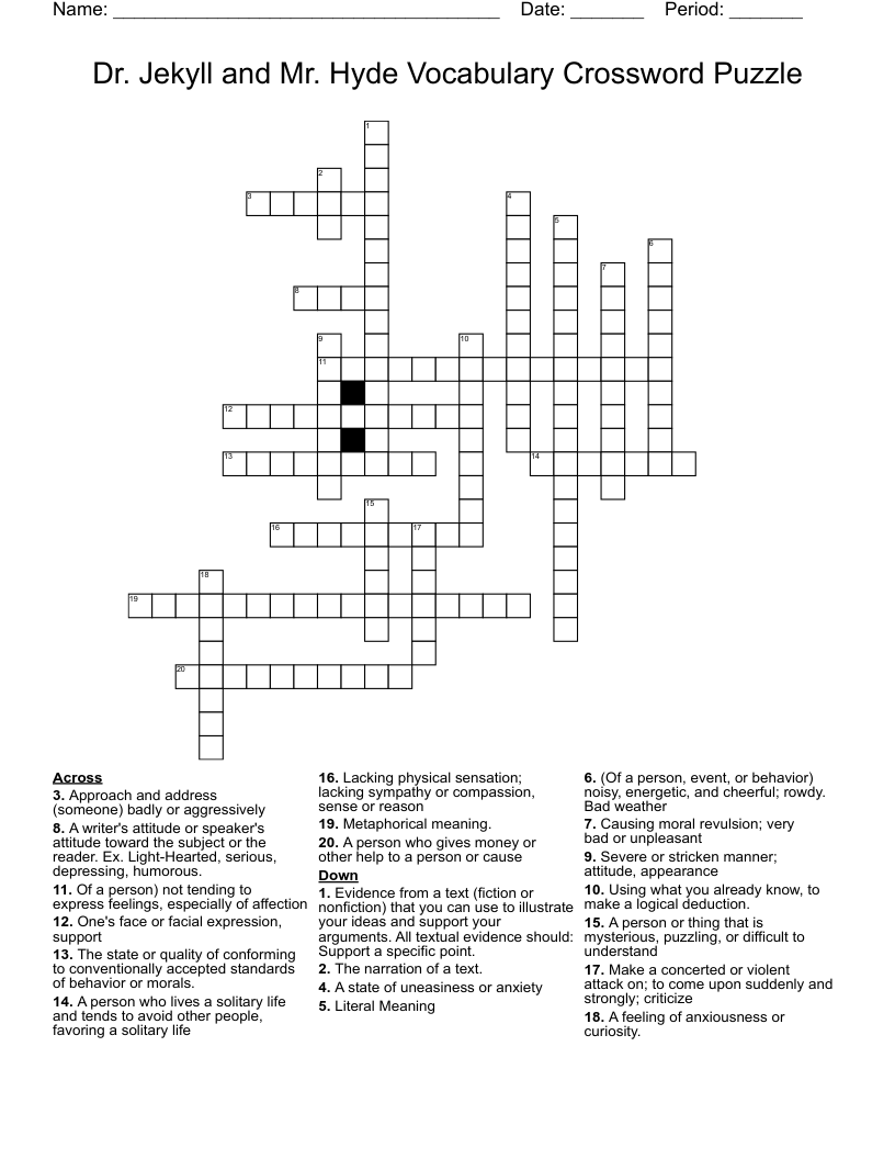 Dr. Jekyll and Mr. Hyde Vocabulary Crossword Puzzle