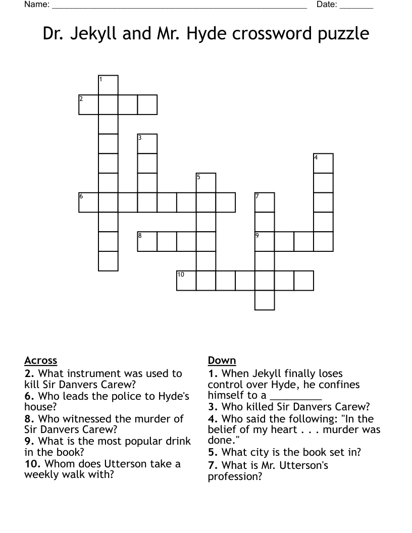Dr. Jekyll and Mr. Hyde crossword puzzle