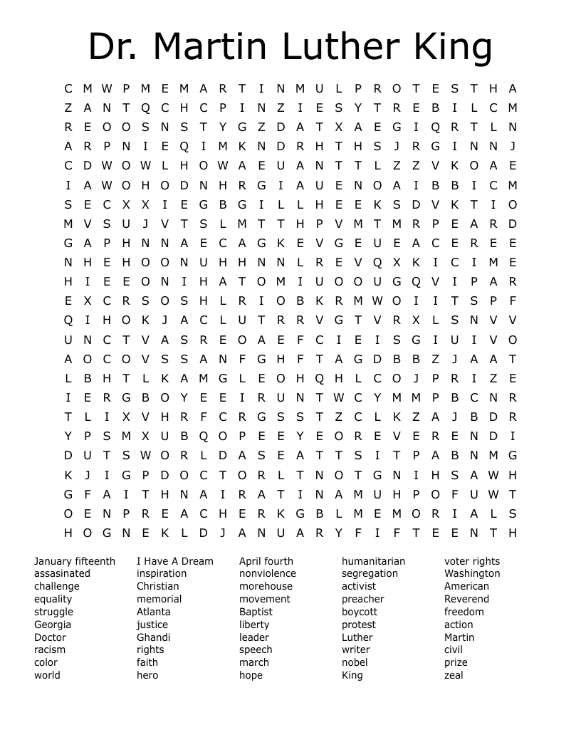 Dr. Martin Luther King Word Search