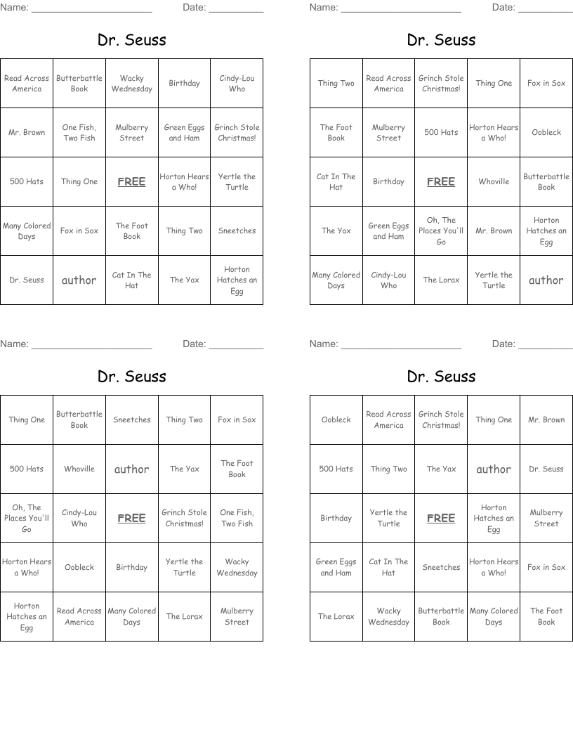 Dr. Seuss Bingo Cards