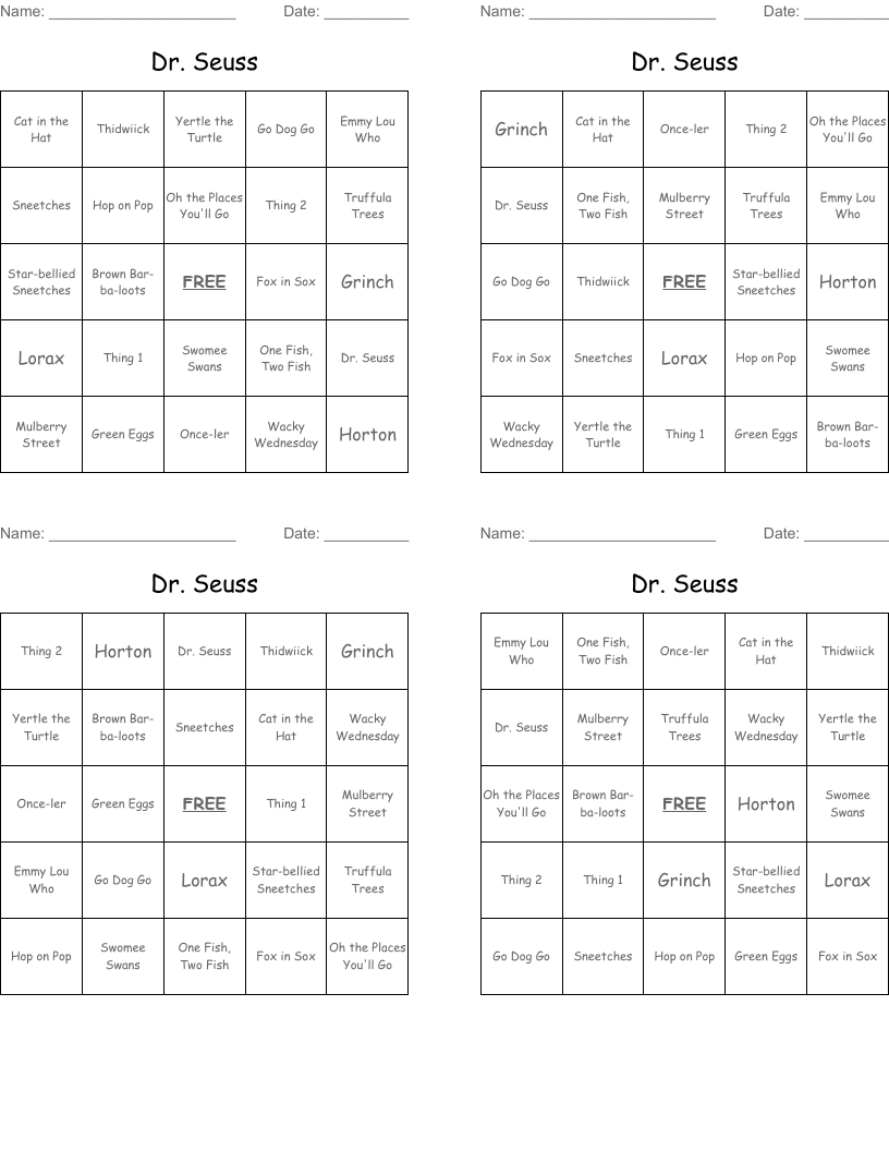 Dr. Seuss Bingo Cards
