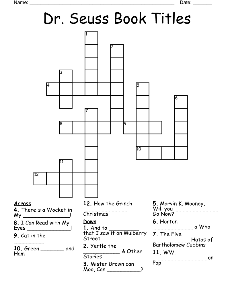 Dr. Seuss Book Titles Crossword