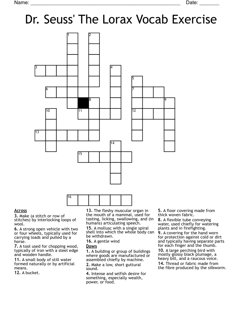 Dr. Seuss' The Lorax Vocab Exercise Crossword