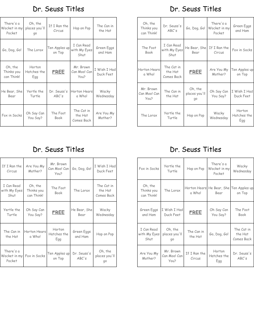 Dr. Seuss Titles Bingo Cards
